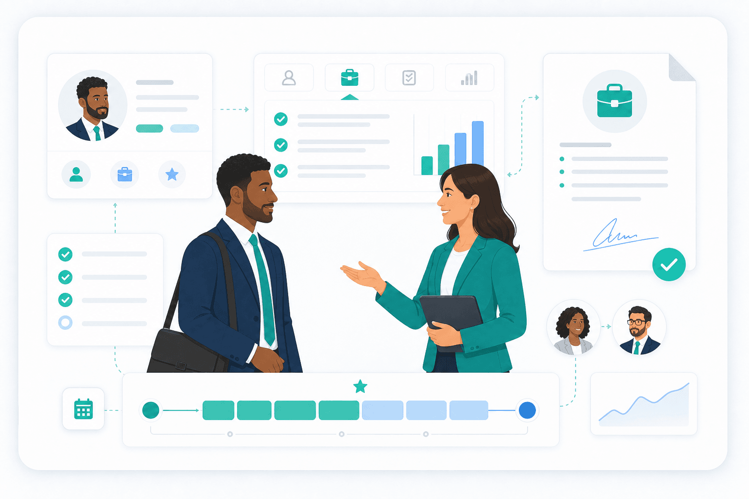 Contract recruitment visual with contractor, consultant, profile card, contract document and timeline
