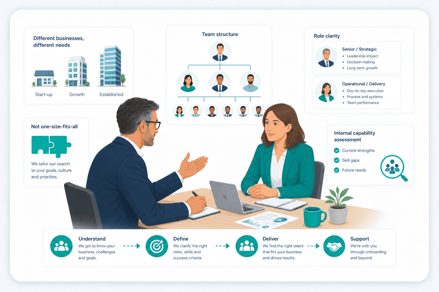 Employers intro visual with consultant and hiring manager discussing tailored recruitment approach for their organisation