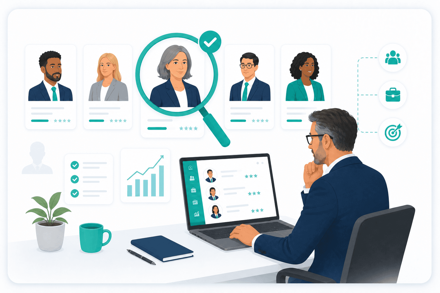 Executive search visual with leadership candidate profiles, talent search and magnifying glass