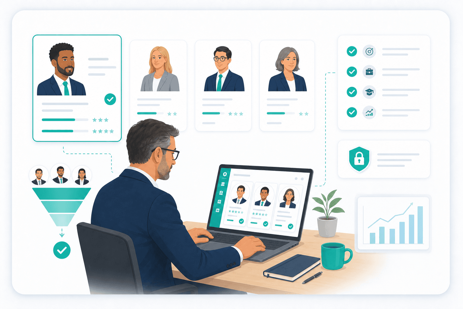 Recruitment agency services visual with senior consultant evaluating executive candidate profiles