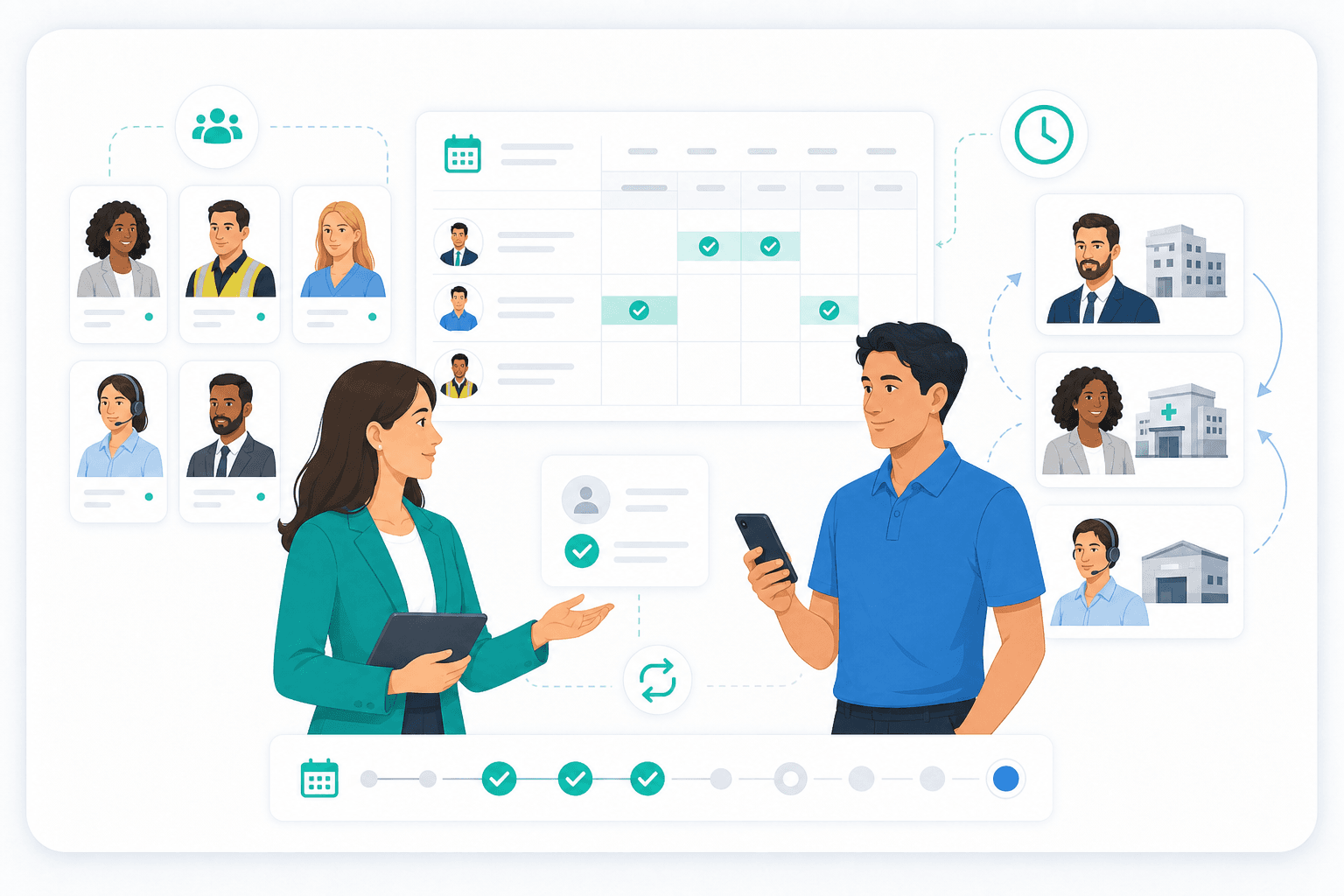 Temporary staffing visual with consultant, profile cards, shift calendar and flexible workforce